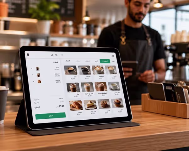 جهاز ايباد يعرض واجهة برنامج كاشيرك لإدارة المطاعم