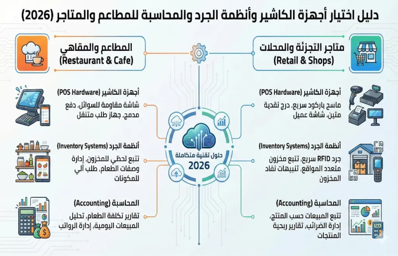 دليل اختيار أجهزة الكاشير وأنظمة الجرد والمحاسبة للمطاعم والمتاجر 2026