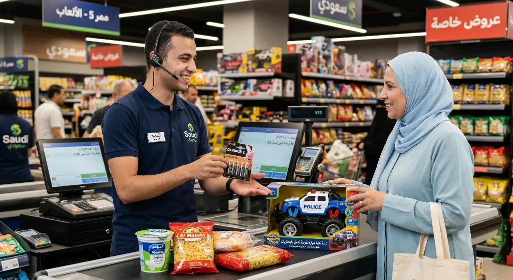 موظف الكاشير يطبق البيع المتقاطع لاقتراح منتجات مكملة وزيادة المبيعات