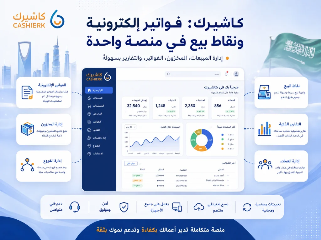 كاشيرك منصة متكاملة للفواتير الإلكترونية ونقاط البيع والمخزون والتقارير