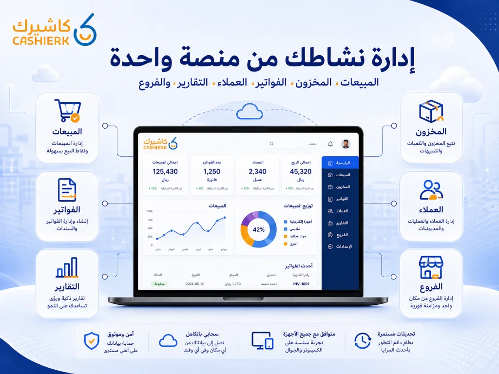 منصة كاشيرك الذكية لإدارة المبيعات والمخزون والفواتير والعملاء والفروع من مكان واحد