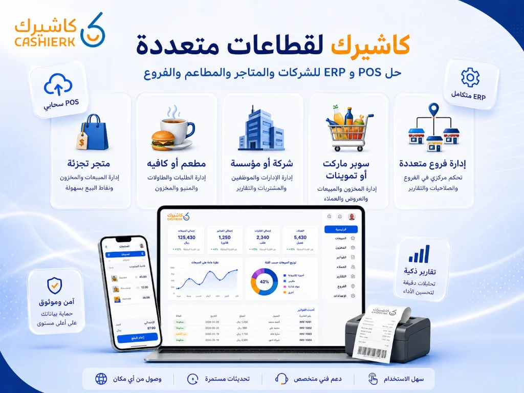برنامج كاشيرك POS وERP للمتاجر والمطاعم والشركات والسوبر ماركت وإدارة الفروع