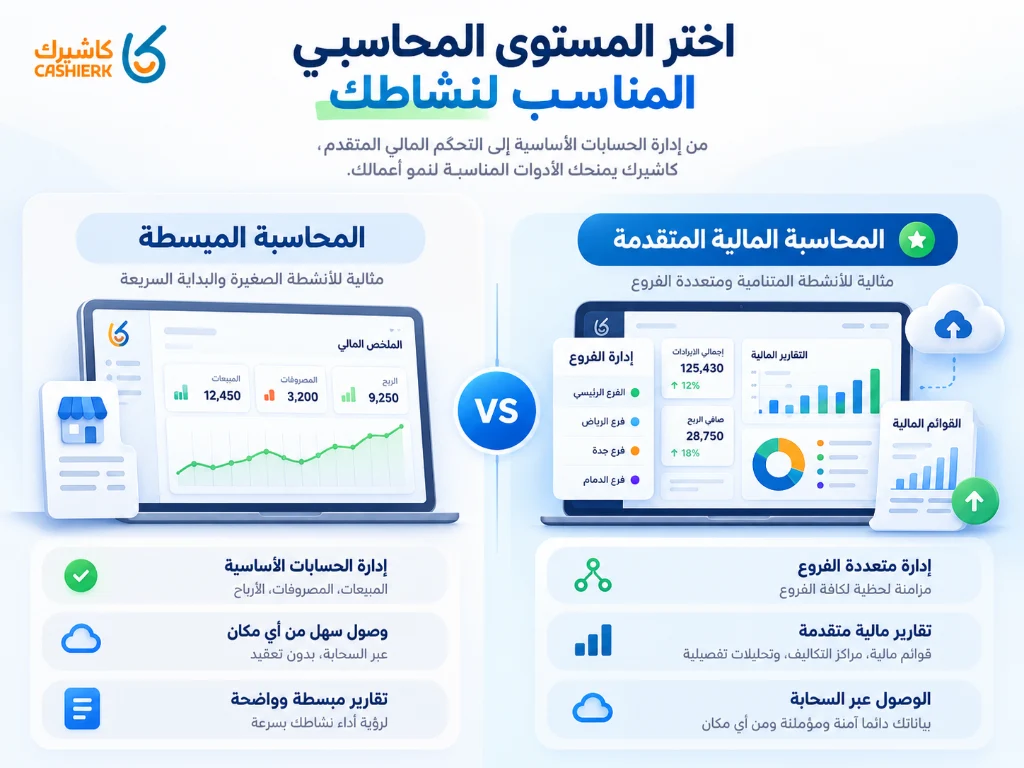 مقارنة بين المحاسبة المبسطة والمحاسبة المالية المتقدمة في كاشيرك